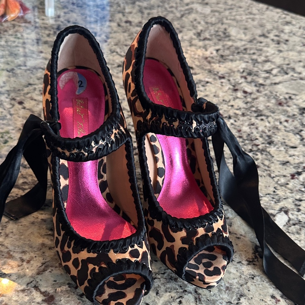 Betsey Johnson Leopard Print Heels with Black Ribbon